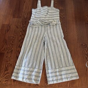 beachlunchlounge Talia Navy White linen Stripe cropped Jumpsuit tank / belted XS